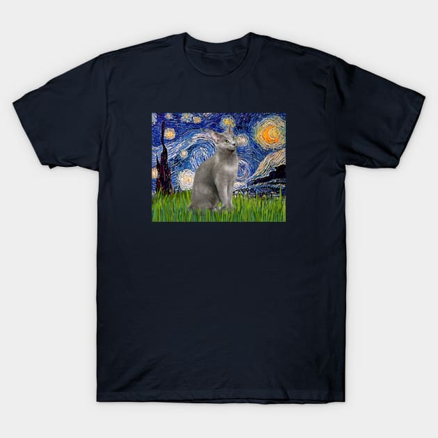 Starry Night with a Russian Blue Cat T-Shirt by Dogs Galore and More